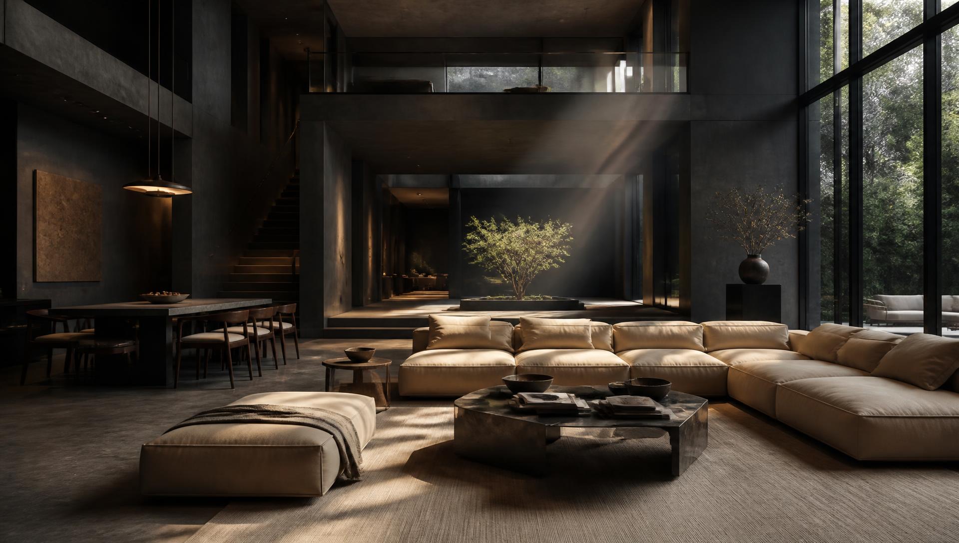 Luxury minimalist interior with concrete walls and warm ambient light