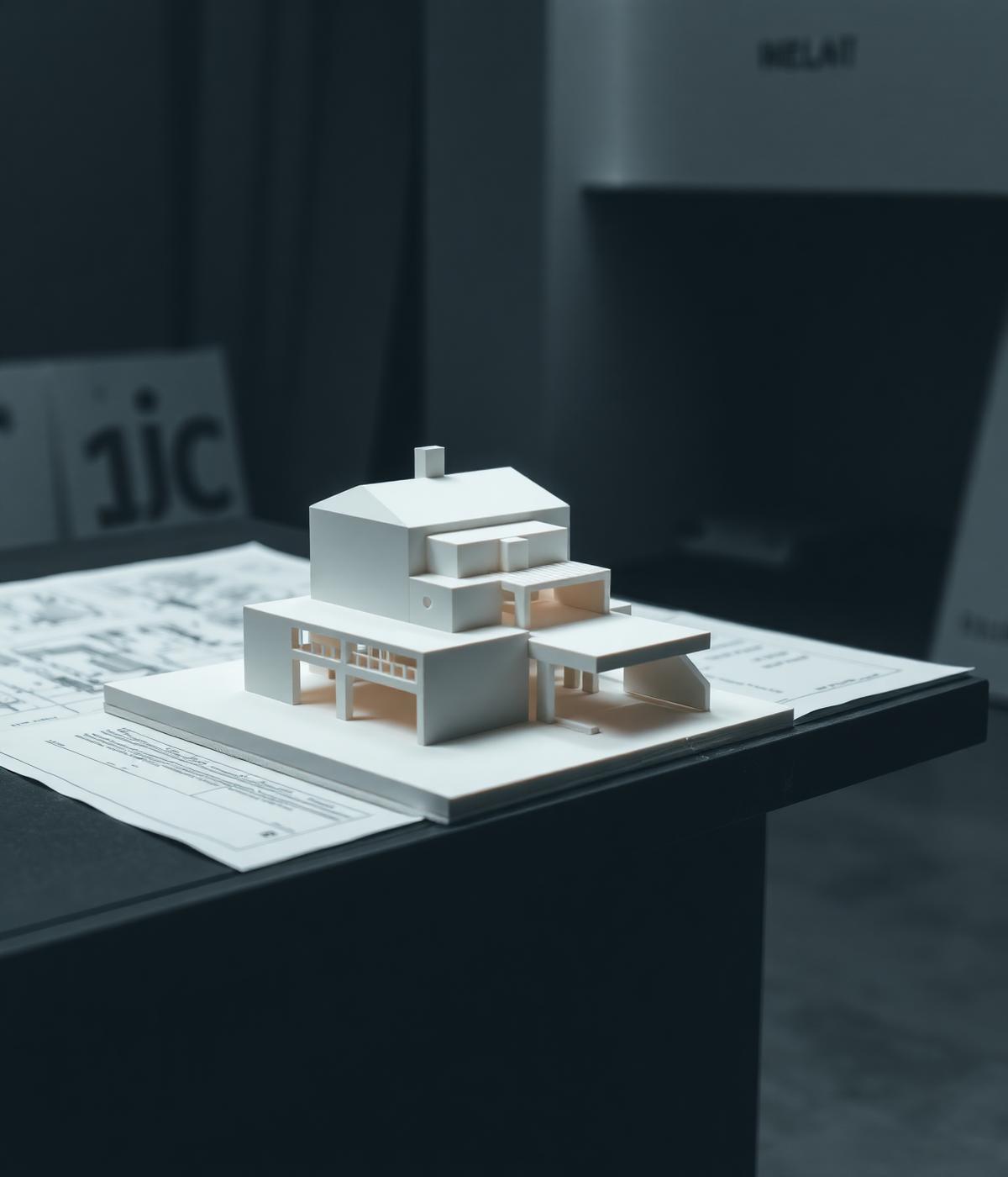Architectural massing model on a dark studio table